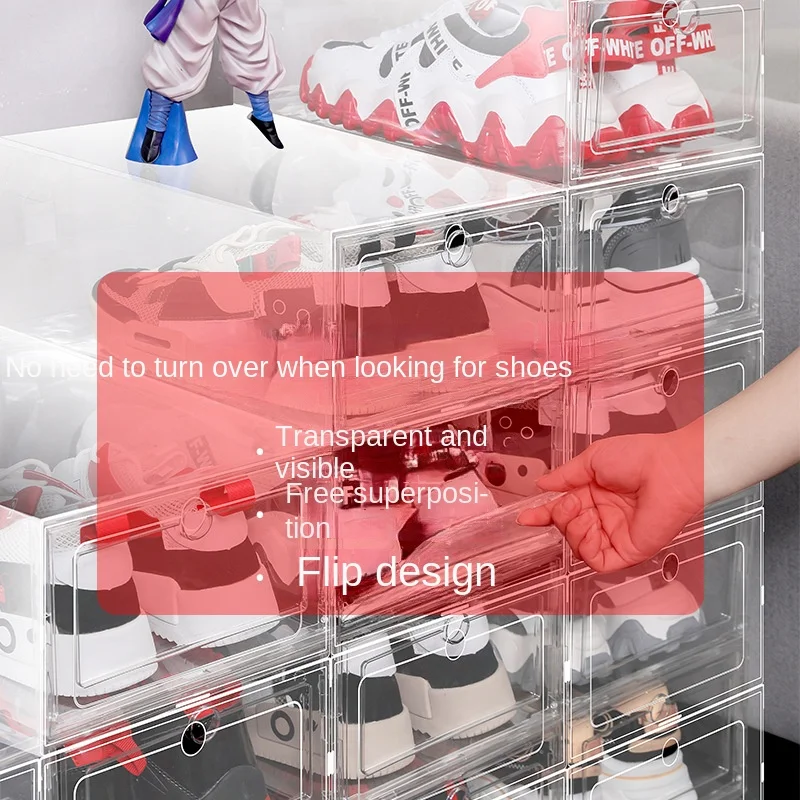 Boîte à chaussures en plastique transparente et empilable, style tiroir, boîte de rangement pour chaussures en maille rouge, armoire à chaussures, étagère à chaussures, artefact, espace