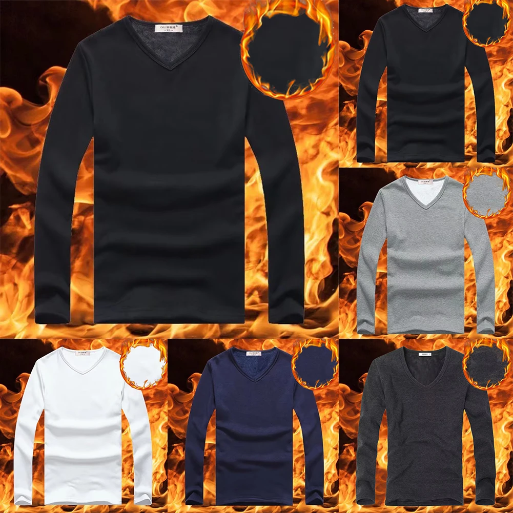 Winter Mens T-shirt Thermal Warm Undershirt V Neck Fleece Slim Fit T-shirt Long Sleeve Pullover Tops Underclothes