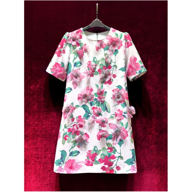 

2024 Women's fashion short sleeve round collar print beaded loose dress