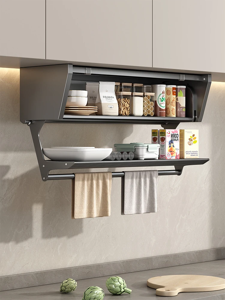Kitchen-hanging-cabinet-pull-down-lifting-seasoning-rack-foldable-dish ...