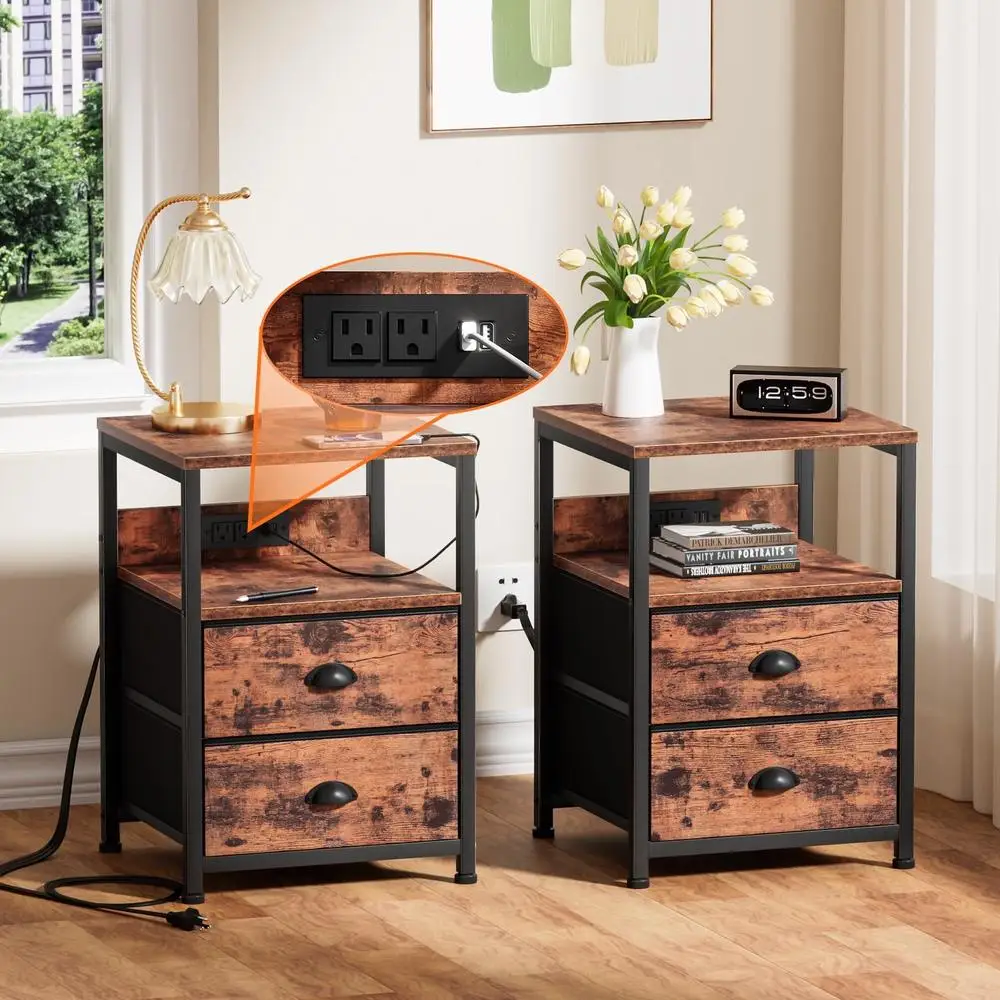 Nightstand Set of 2 with Charging Station USB Ports Fabric Drawers Modern End Table Living Room Bedroom Storage Solution 2