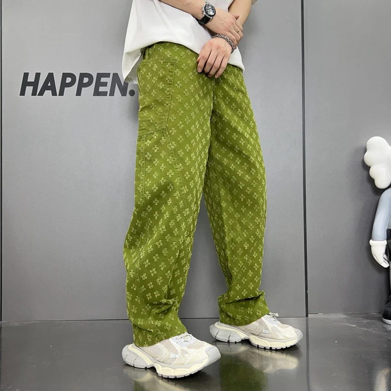 5 Color fashion high-end hip hop jeans men's high streetinsfashion printing street cool loose straight-leg wide-leg pants
