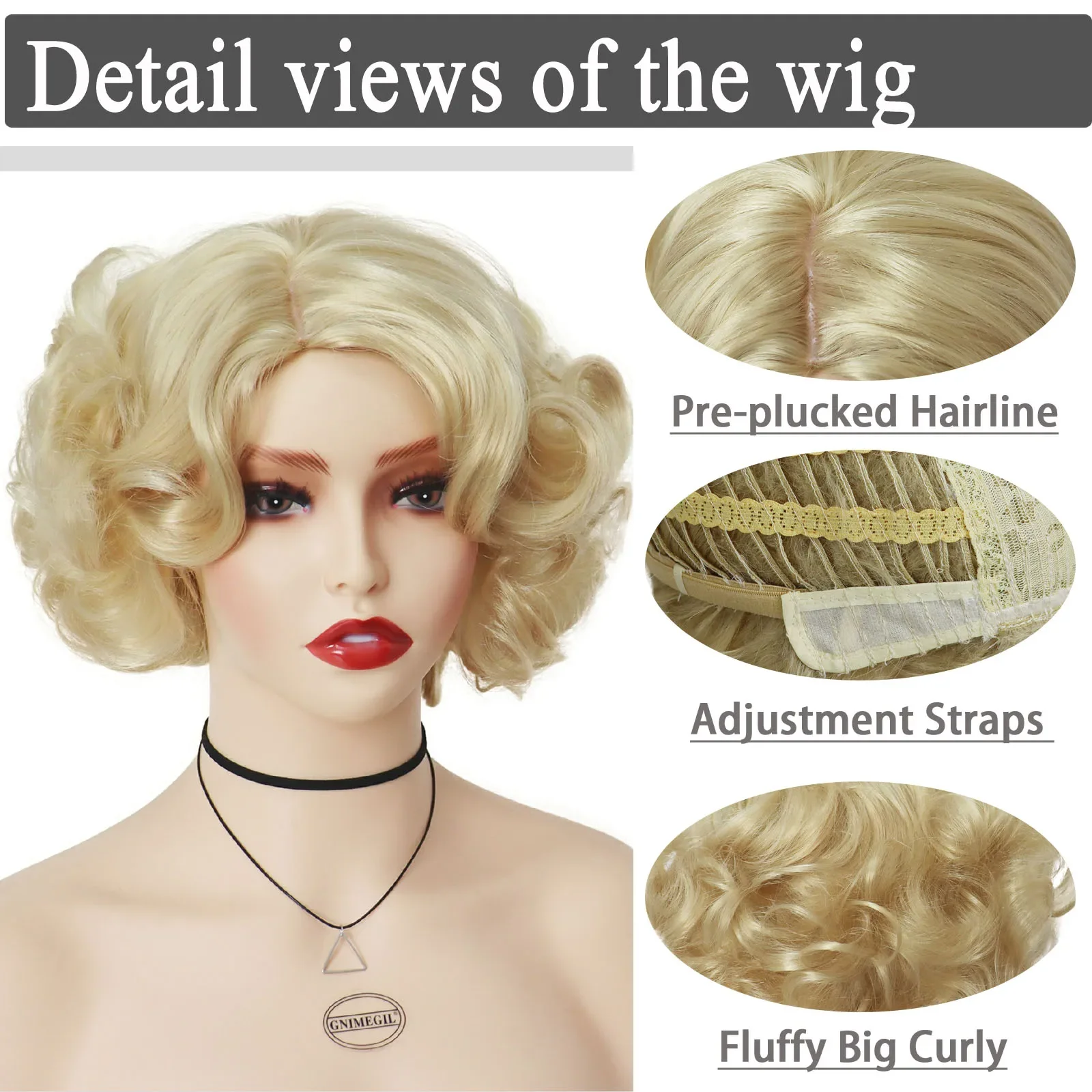 GNIMEGIL-Perruque Cosplay Synthétique Courte Bouclée, Cheveux Blonds Platine pour Femmes Blanches, Fluffy Curls, Flip 60s Testosterone Sby, Coiffure Perruques