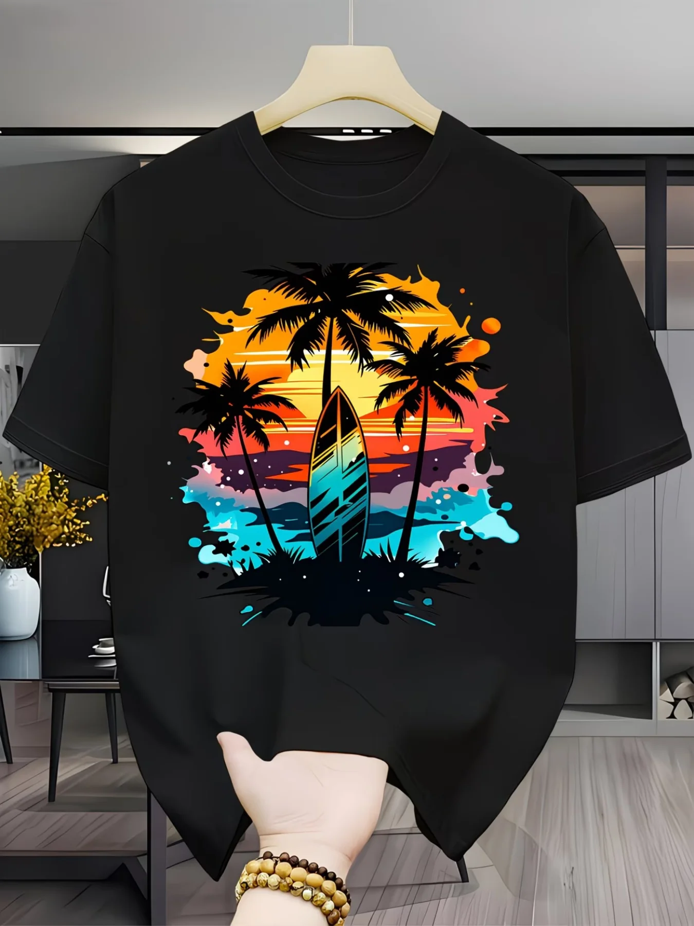 Sunset Palm Tree Surfboard Wave Men'S Casual Short Sleeve Round Neck T-Shirt Outdoor Short Sleeve Casual Breathable T-Shirt High-End Printed Round Neck Micro Elastic T-Shirt