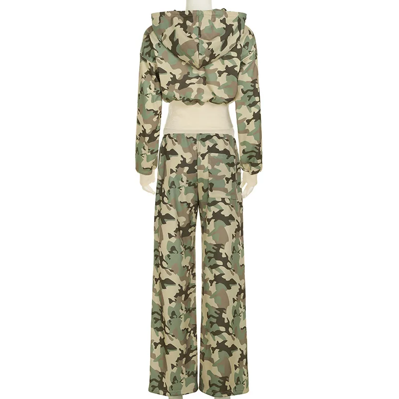 Camouflage Print Loose Casual 2 Piece Set Women Tracksuits Full Sleeve Zipper Hooded Sweatshirts Top + Wide Leg Pants Suits 4
