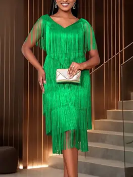 AOMEI Tassel Dresses Party V Neck Sleeveless High Waist Women Fringe Dance Evening Birthday Gowns Sexy Club New African Robe 1