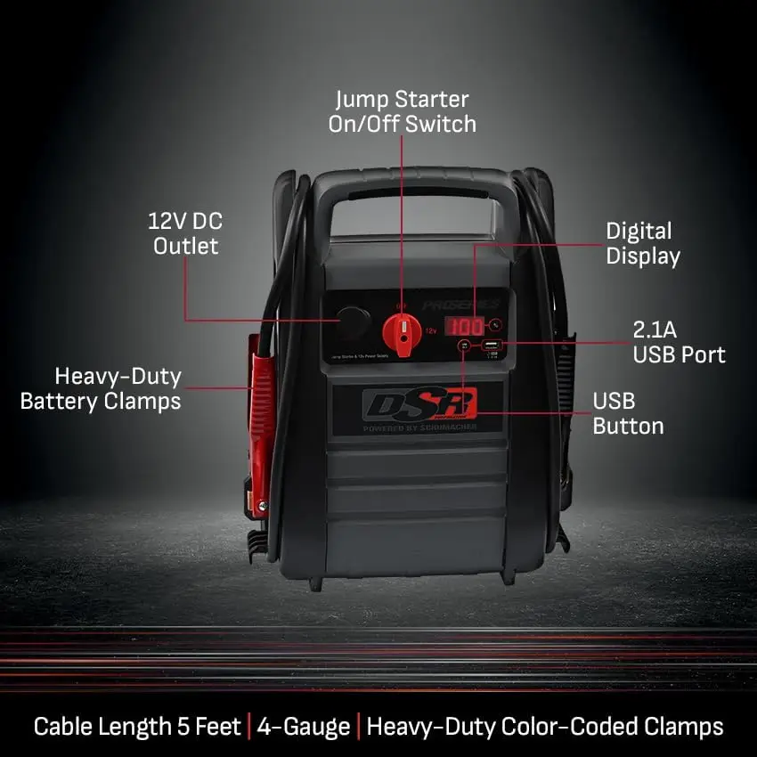 DSR Pro 2200A Heavy-Duty Car Battery Jump Starter and Portable Power Station 12V DC Charging and 2.1A USB Charging for 12V