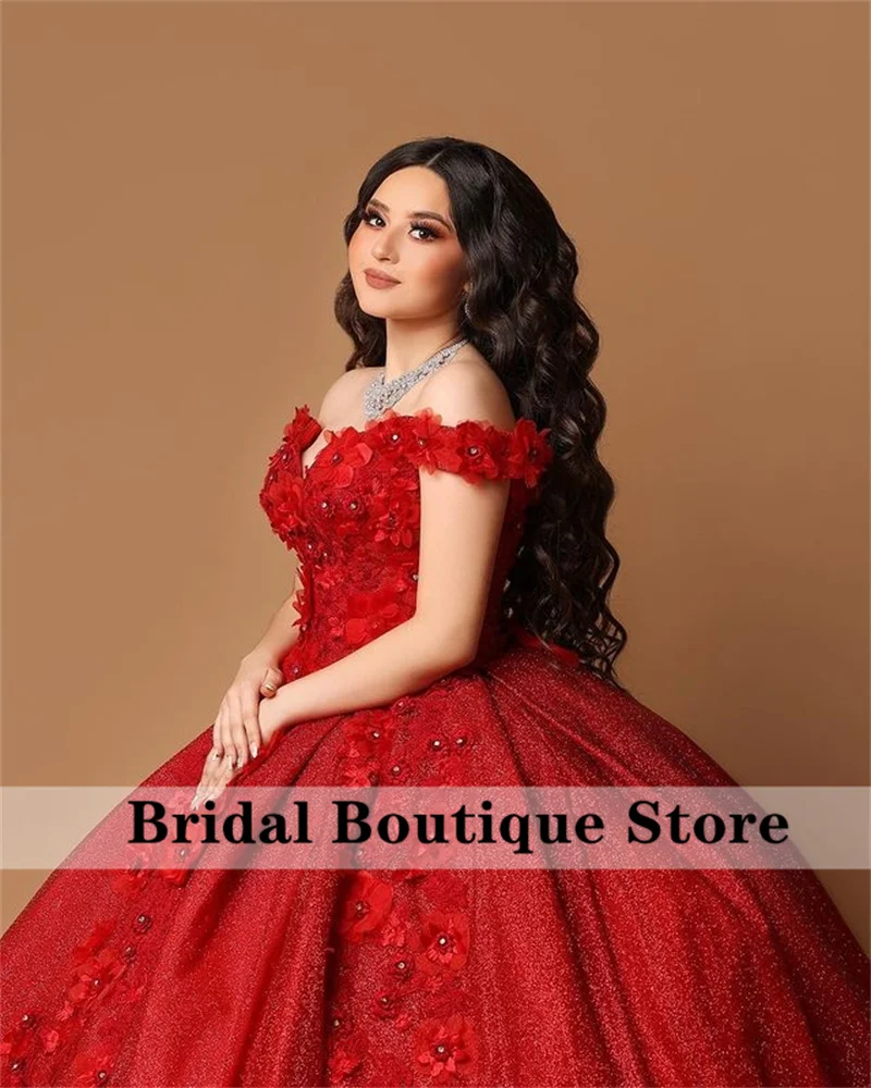 Quinceanera Dresses Red Sparkly Ball Gown 3D Flower Applique Off Shoulder Sweet 15 16 Dress Birthday Party Wear
