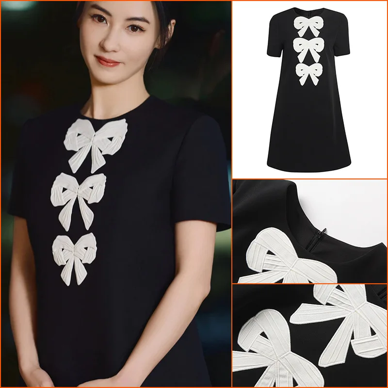 

New Arrival High-End Customization Women Bow BlacK A-Line Dress French Style Vintage Elegant Dress Office Lady 2022 Summer