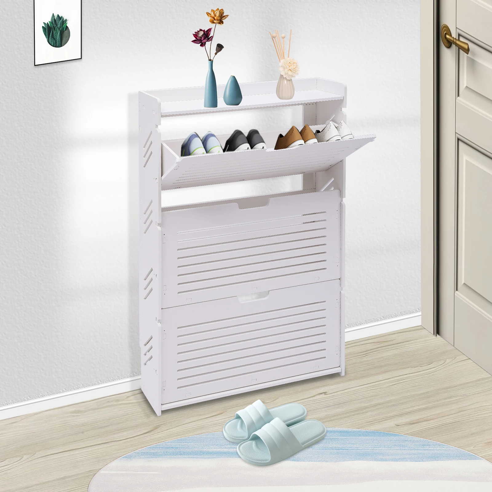 

3-Layer Modern Shoe Cabinet White Tipping Shoe Storage Organizer with 3 Drawer Shoe Shelf for Entryway Narrow Shoe Rack