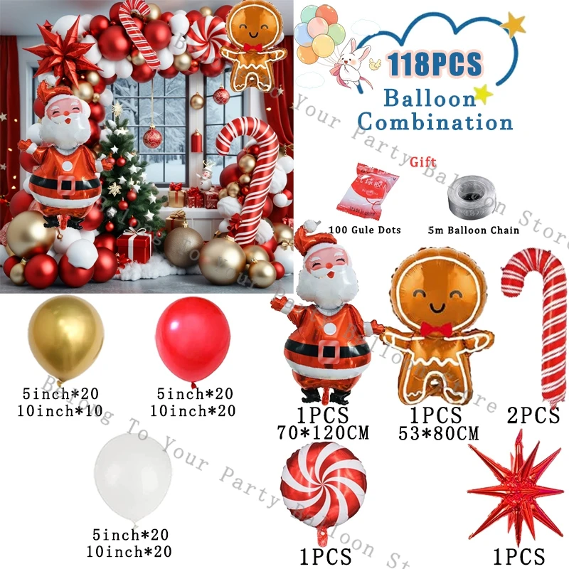 thumbnail image 1 of Kit de arco de globos navideños con guirnalda de globos rojos y verdes, hombre de jengibre 3D, globo de aluminio con estrella explosiva dorada para decoración de fiesta navideña, 1 of 5