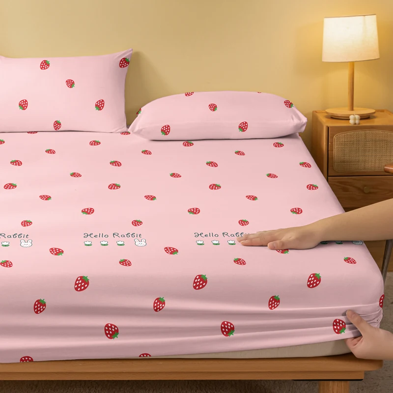 1 Cartoon Cute Plant Strawberry Rabbit printed matte Fitted Sheet, bedroom printed bed cover, bedding (excluding pillowcases) 3