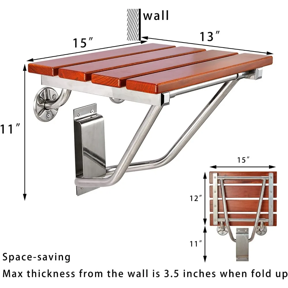 Folding Shower Seat and Bench Wall Mounted Shower Stool Collapsible for Inside Shower Bathroom Bathtub 350lb Capacity Teak Wood 6