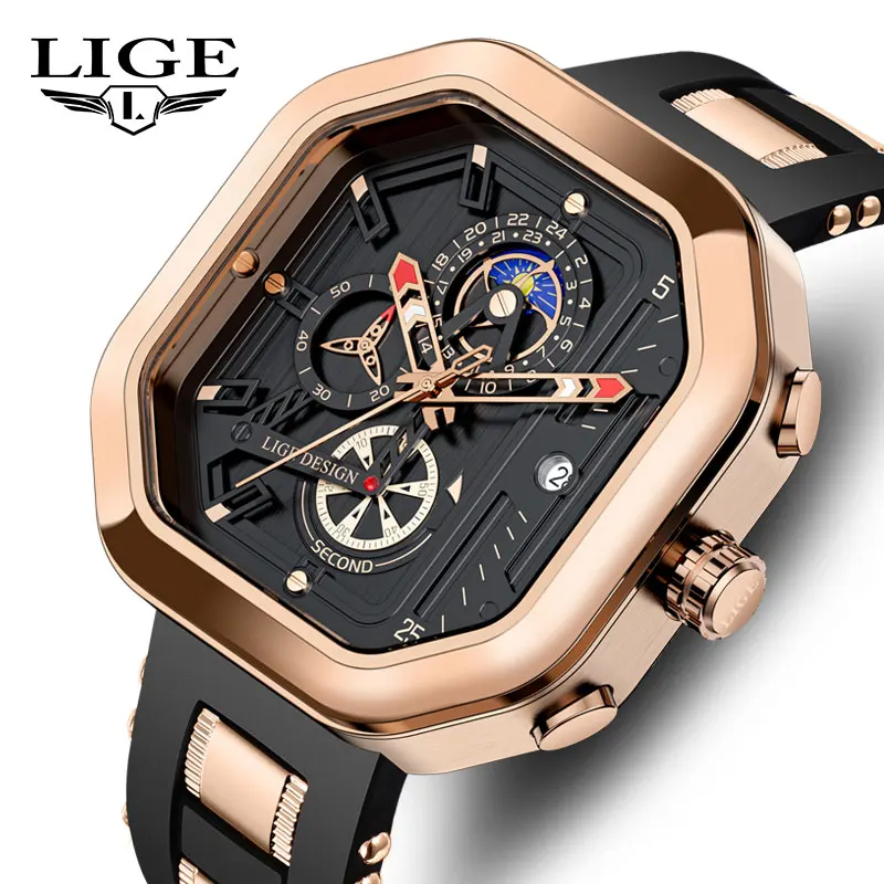 

LIGE Fashion Square Dial Silicone Mens Watches Luxury Sport Waterproof Watch Man Chronograph Quartz WristWatch Relogio Masculino