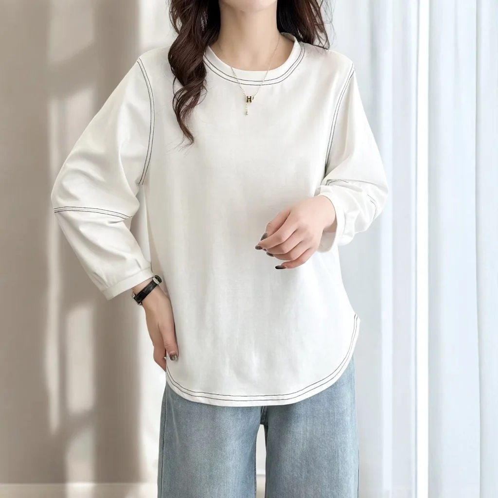 Spring 100kg Plus Size Top New Bright Line Lantern 3/4 Sleeved Women's Slimming T-shirt 2501