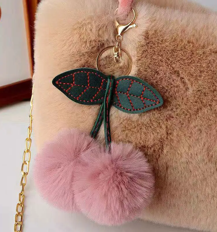 Fuzzy Adorable Cherry Keychain Braided Handles Shoulder Bag Gold Chain  Strap Crossbody