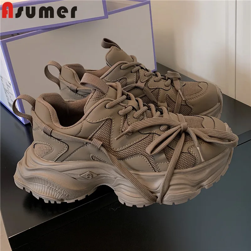 

ASUMER 2024 New Cow Leather Women Sneakers Lace Up Platform Shoes Fashion Thick Bottom Chunky Sneakers Casual Shoes