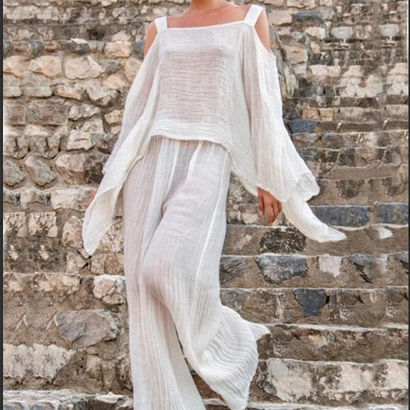 Two-piece Cotton Temperament Pleated Solid Color Casual Fashion Long-sleeved Suspender Top + Wide-leg Trousers Women Pants 2021