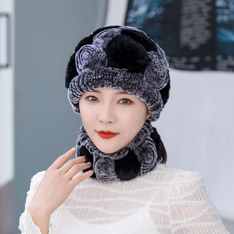 Winter Knitted 100% Natural Fur Hats Scarves Sets Women Warm Real Rex Rabbit Fur Hat Scarf Lady Fashiom Thick Rex Rabbit Fur Hat 5