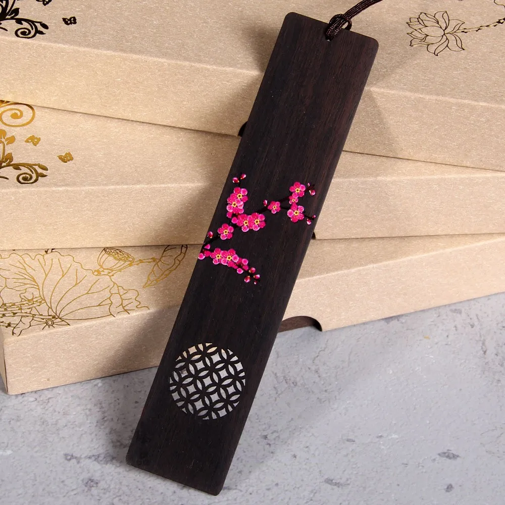 Creative Painted Carved Plum Blossom Sakura wooden bookmark School Gift Reading Accessories Supplies Chinese Style Book Clip 1pc