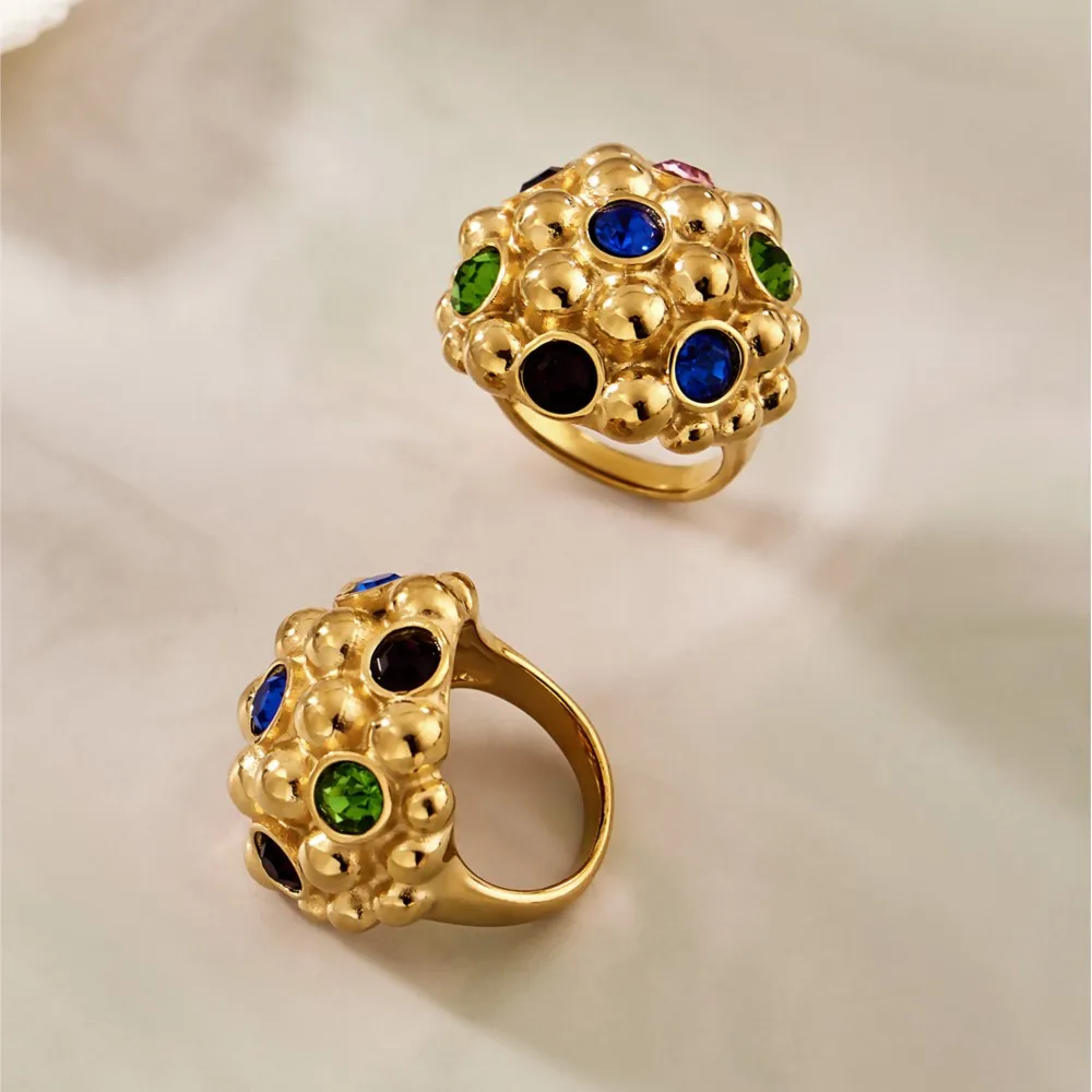 Elegant Gold-Plated Stainless Steel Ring with Sparkling Stone Accent and Imitation Pearl