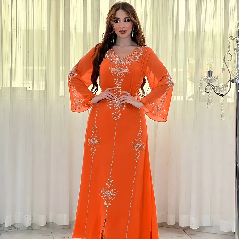 Abayas for Women Eid Muslim Party Dress for Women Abaya Emboridery Kaftan Long Sleeve V-neck Long Maxi Dress Gowns Abaya Dubai