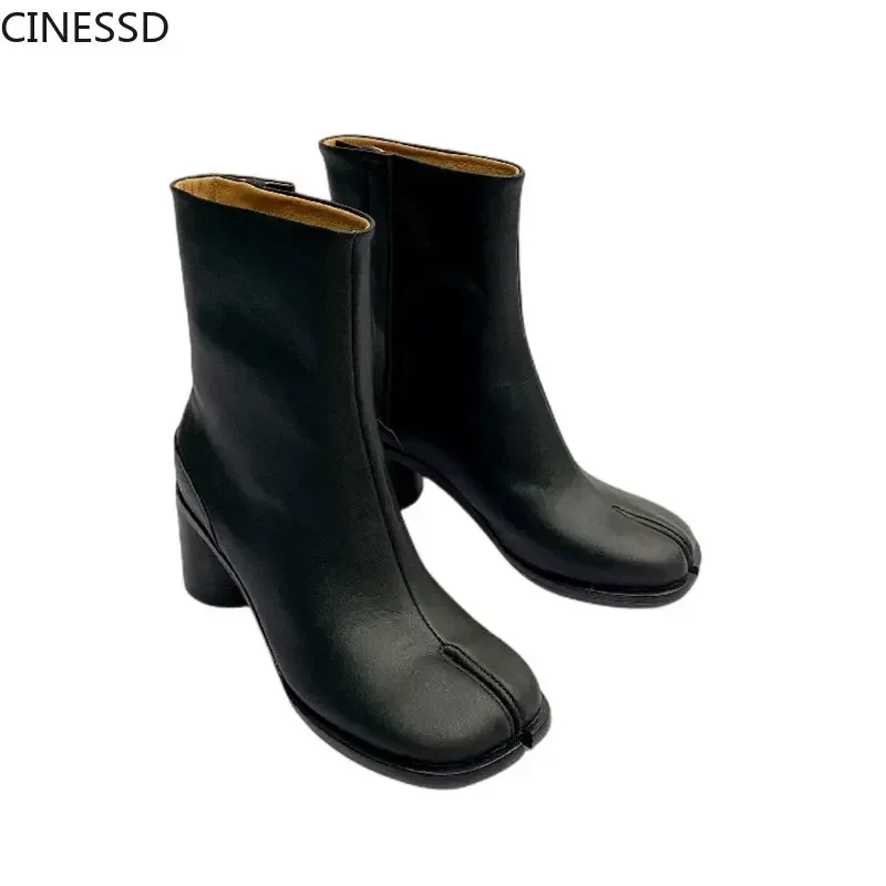 

Women Split Toe Platform Boots Real Cow Leather Ninja Tabi Ankle Boots Genuine Leather Woman Round High Heels Shoes