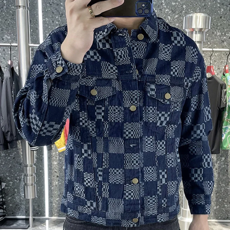 Men Casual Lapel Single Row Checkerboard Plaid Loose Denim Jacket