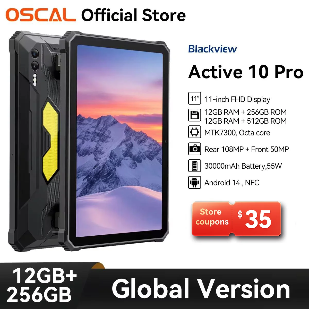 OSCAL Blackview Active 10 Pro 5G Rugged Tablet, 30000mAh & 55W, 11" FHD+ MTK 7300, 12GB 256GB/512GB 108MP AI Camera, NFC/Face ID