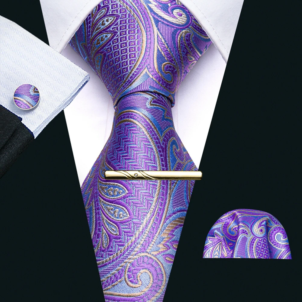 

Violet Purple High Quality Necktie For Men Fashion Paisley Silk Jacquard Handkerchief Cufflinks Clips Wedding Party Barry.Wang