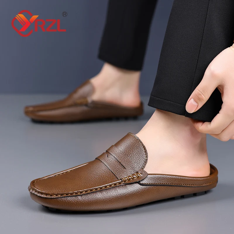 YRZL Loafers Summer Slip on Half Shoes for Men Leather Slippers Casual Breathable Comfy Loafers Moccasins Brown Black Beige