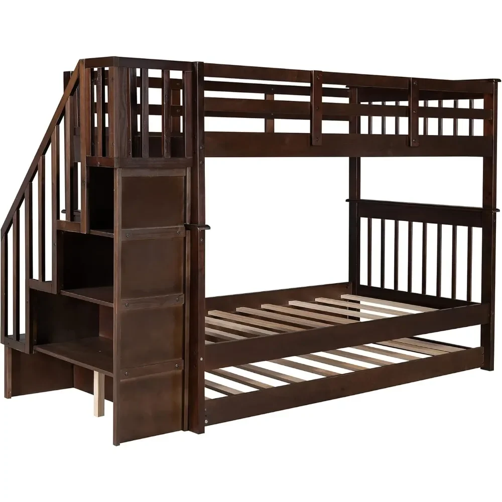 Twin Over Twin Bunk Bed with Stairs and Trundle, Solid Wood Stairway Bunk Bed Frame with Storage, for Kids Teens Adults Bunk Bed 5