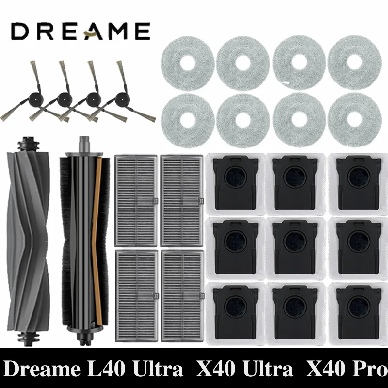Dreame L40 Ultra / X40 Ultra Robot Vacuum Accessories أكياس الغبار ممسحة الجانب الرئيسي فرش الملابس مرشحات HEPA قطع الغيار