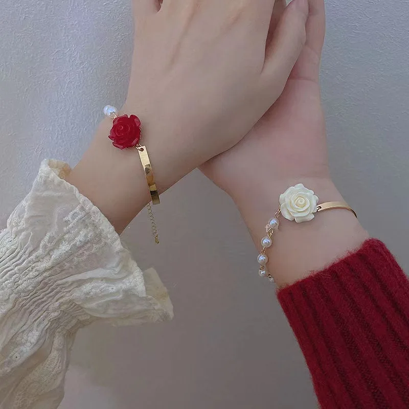 Korean Style Red Rose Imitation Pearl Bracelet For Women