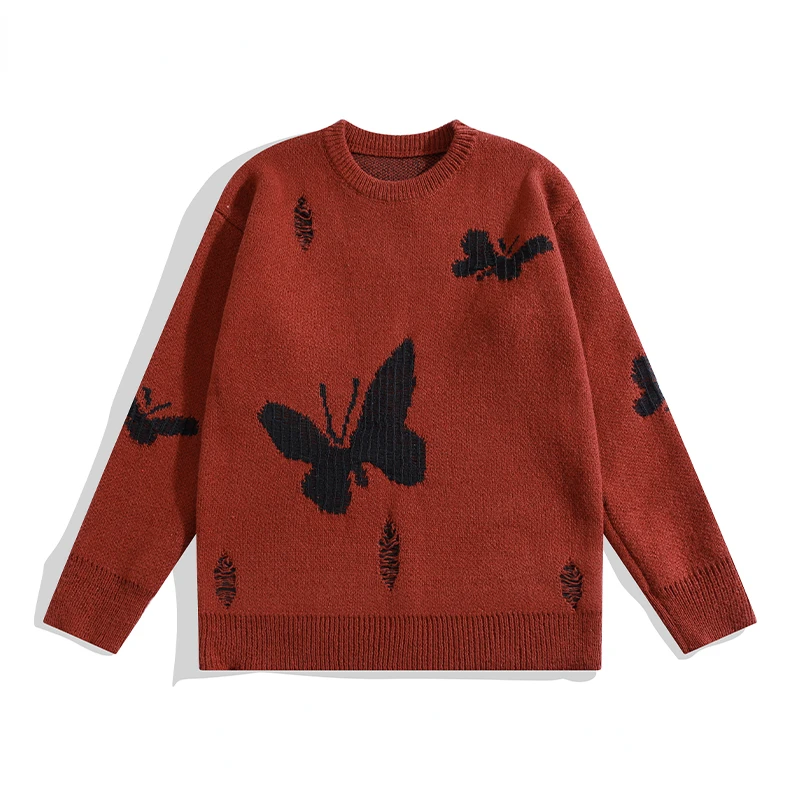 Abfer Sweater Men's Winter Autumn Knit Butterfly Pullover High Street Jersey Knitted Harajuku Jumpers Vintage Frayed Sweaters