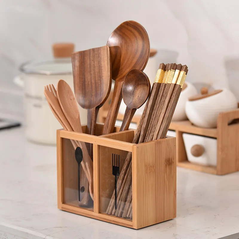 Eco-Friendly Bamboo Utensil Holder Round Square Chopsticks Organizer Kitchen Spatula Tongs Cutlery Fork Spoon Drain Box 3