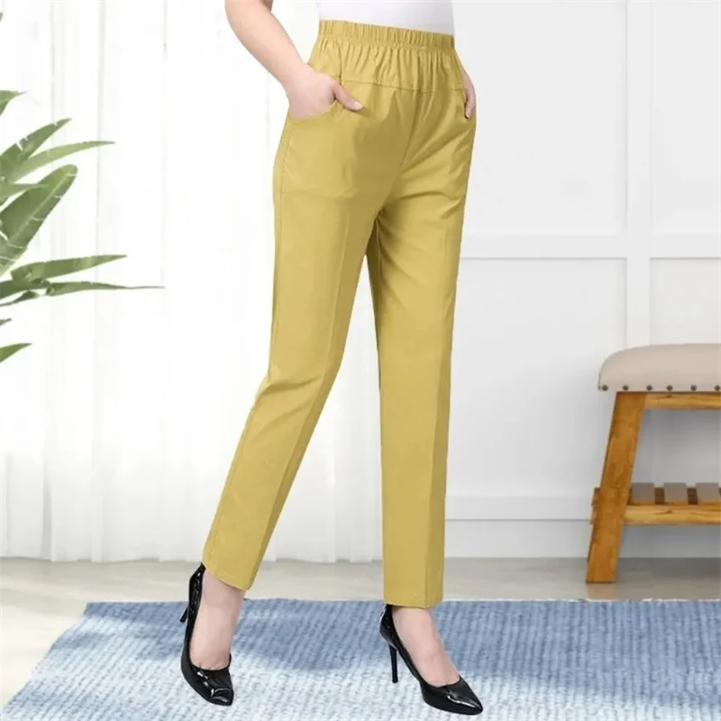 

Spring Autumn Women's High Elastic Mother's Pants Middle-aged Female Ankle-Length Pants Solid Color Casual High Elastic Trousers