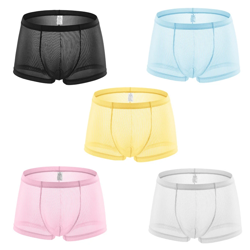 5PCS Wholesale Men Underwear Sexy Transparent Stripe Boxer Briefs Low Rise Underpants Fashion Mens Shorts Underwear Boxershorts [fila]stripe bra boxer briefs set