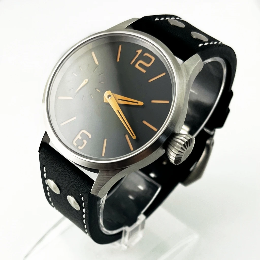 

New 44mm 6497 Men Watch Silver Case Black/Blue Dial Leather Strap Running seconds Green Luminous Wrist Watches