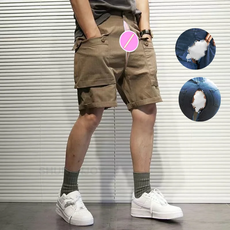 Invisible Open-Seat Pants Shorts Men's Summer Large Size Slim-Fit Pocket Male All-Matching Straight Pants Overalls Cropped Pants