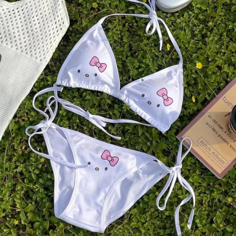 

New 2Pcs Anime Hellokitty Sexy Bikini Set Kawaii Cartoon Kitten Soft Breathable Comfortable Lace Up Underwear Low Waisted Briefs