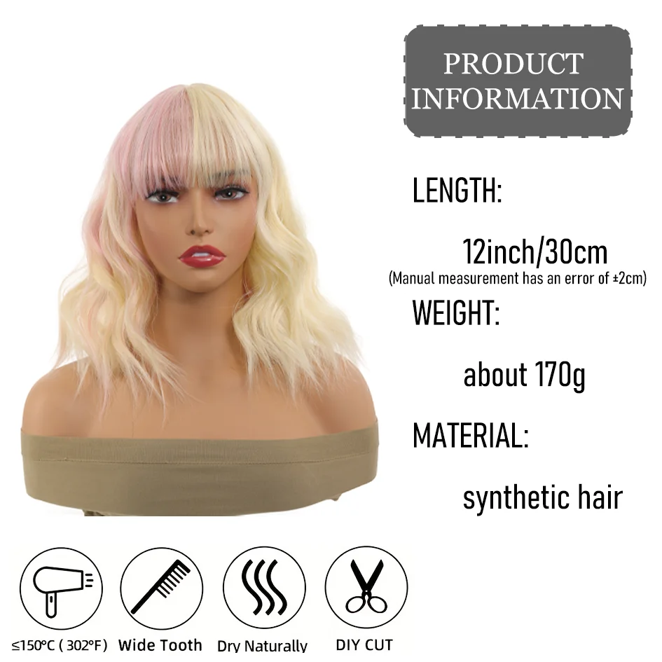 Synthetic pink wig blonde Wig20-inch matching water wavy short hair, halloween Cosplay party wigs, pelucas de mujer,
