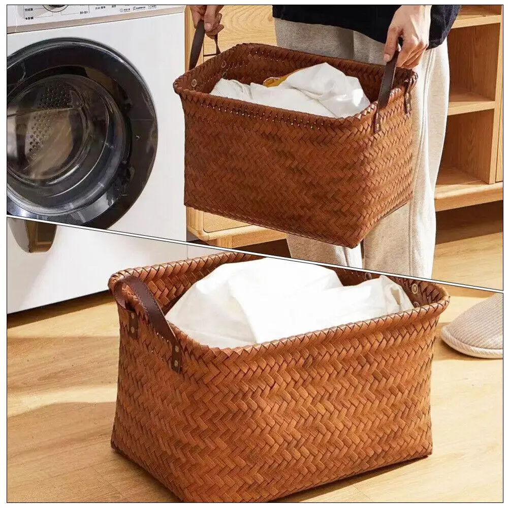 Spring/Summer Square Storage Basket Handmade Vine Weaving Storage Basket Outdoor Picnic Basket Portable Dirty Clothes Basket