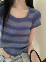 Summer Slim Fit ort Sve Square Collar Color Stripe Knitted T-irt Women's Faion Commute Sle Small Size Friendly Top
