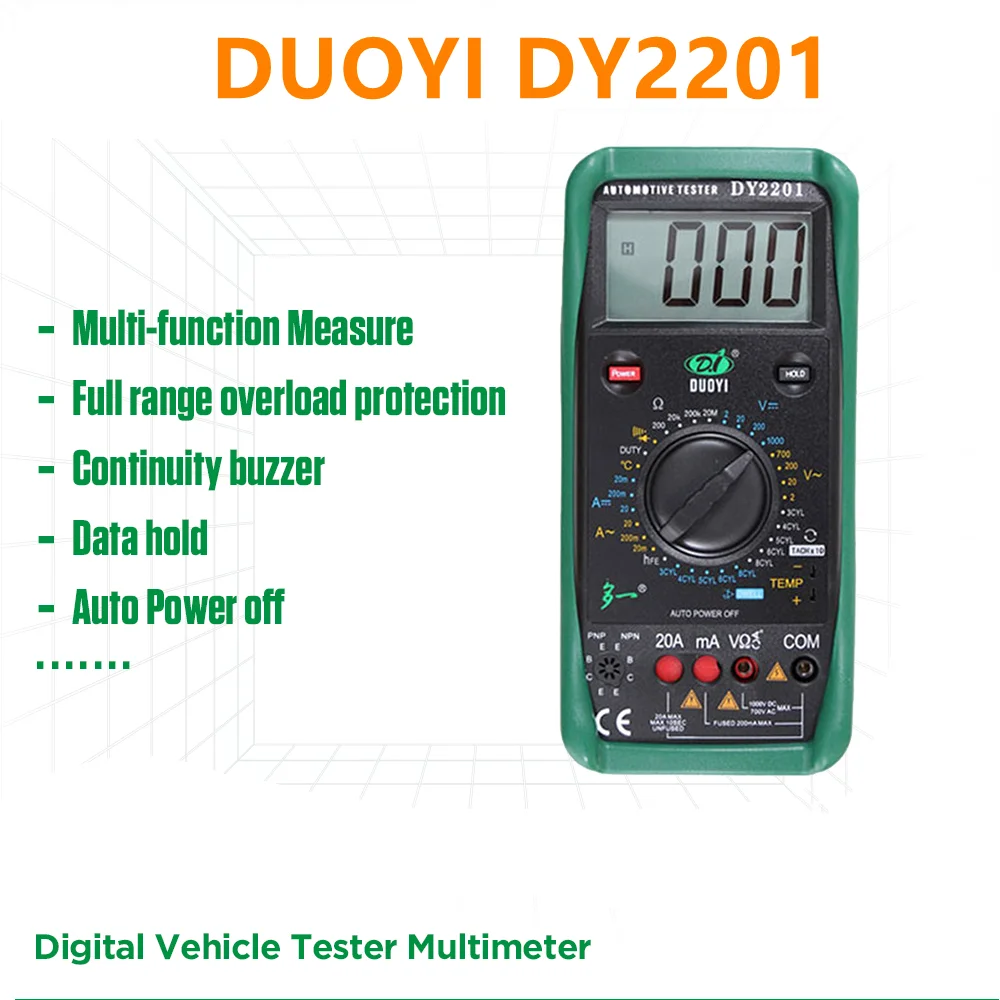 

DUOYI DY2201 Digital Automotive Tester Multimeter 500-10000 RPM Dwell Angle Temperature Meter Multimeter Overload Protection A++