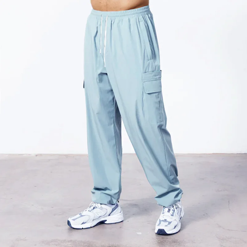 2024 new men's casual slacks Korean version of the trend with pants summer thin drop feeling wide-legged cargo pants 4