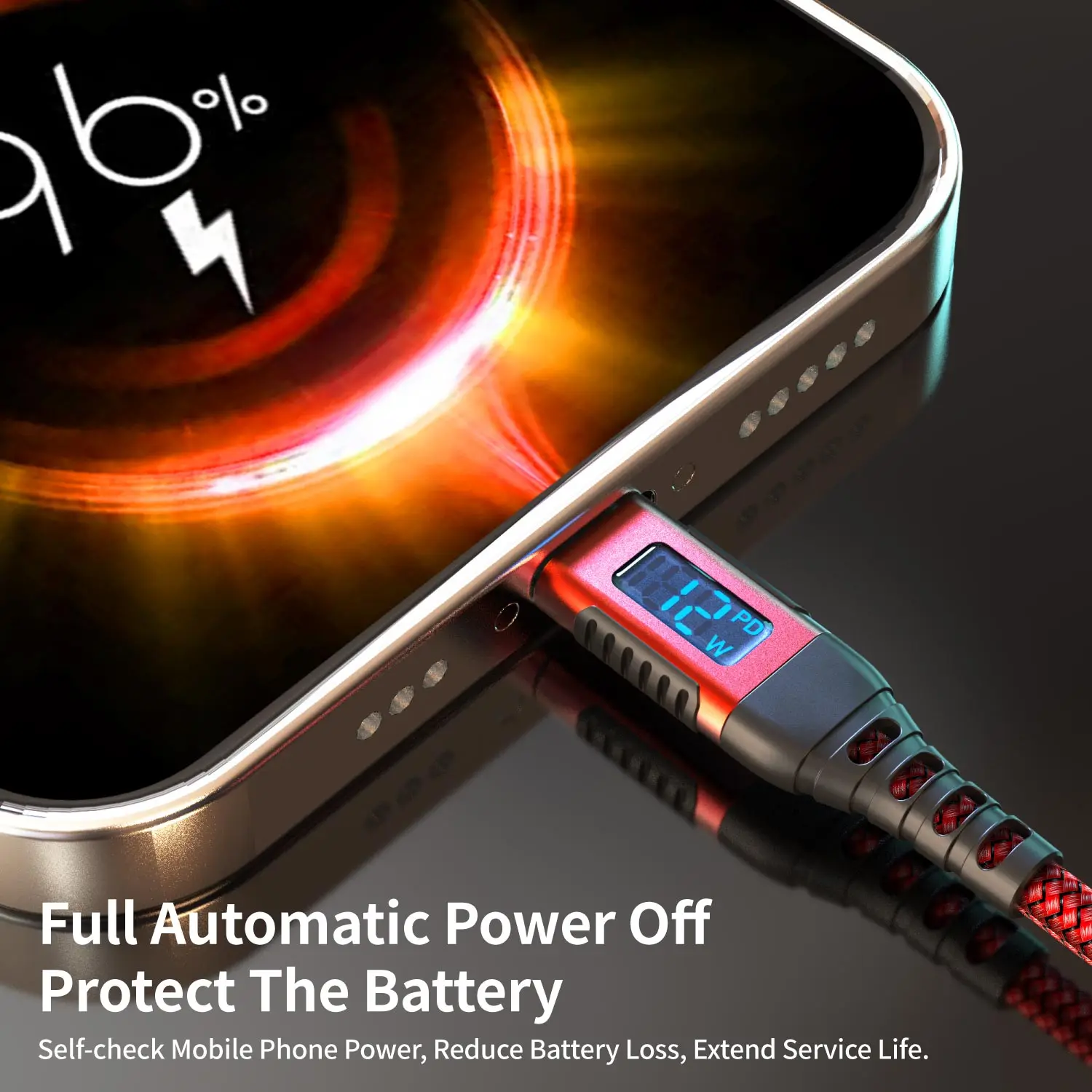 MFi 인증 USB-A to Lightning 고속 충전 케이블(LED 디스플레이 포함), 아이폰 8-14 및 아이패드용 12W 고속 충전