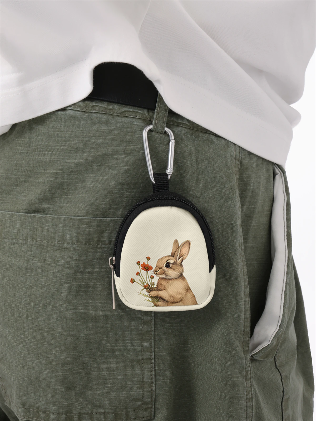 Rabbit pattern printed mini wallet, zipper change bag with hook clip, headphone key bag, suitable for men and women