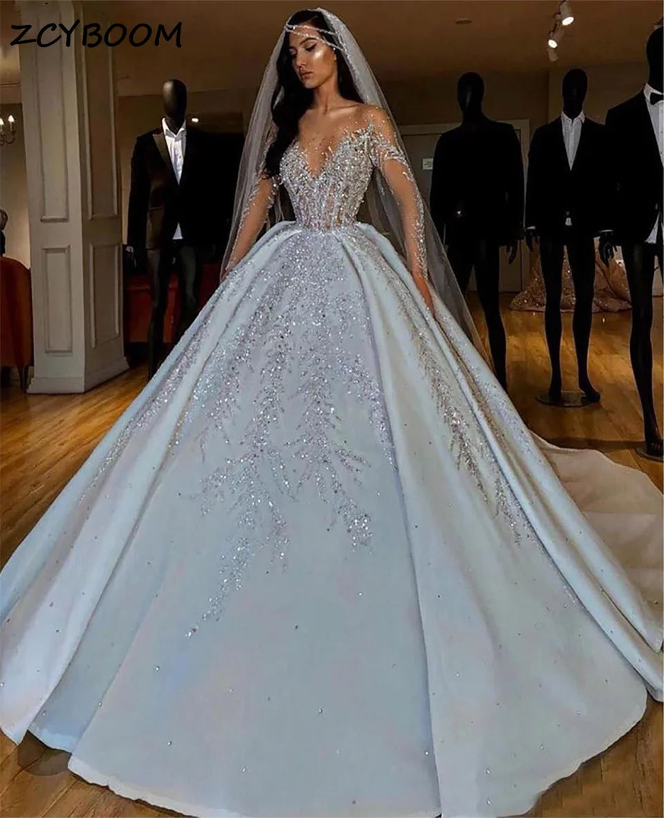 

Luxury V-Neck Glitter Sequined Ball Gown Wedding Dresses 2024 Princess Dubai Arabian Long Sleeves Bridal Gowns Vestidos De Novia