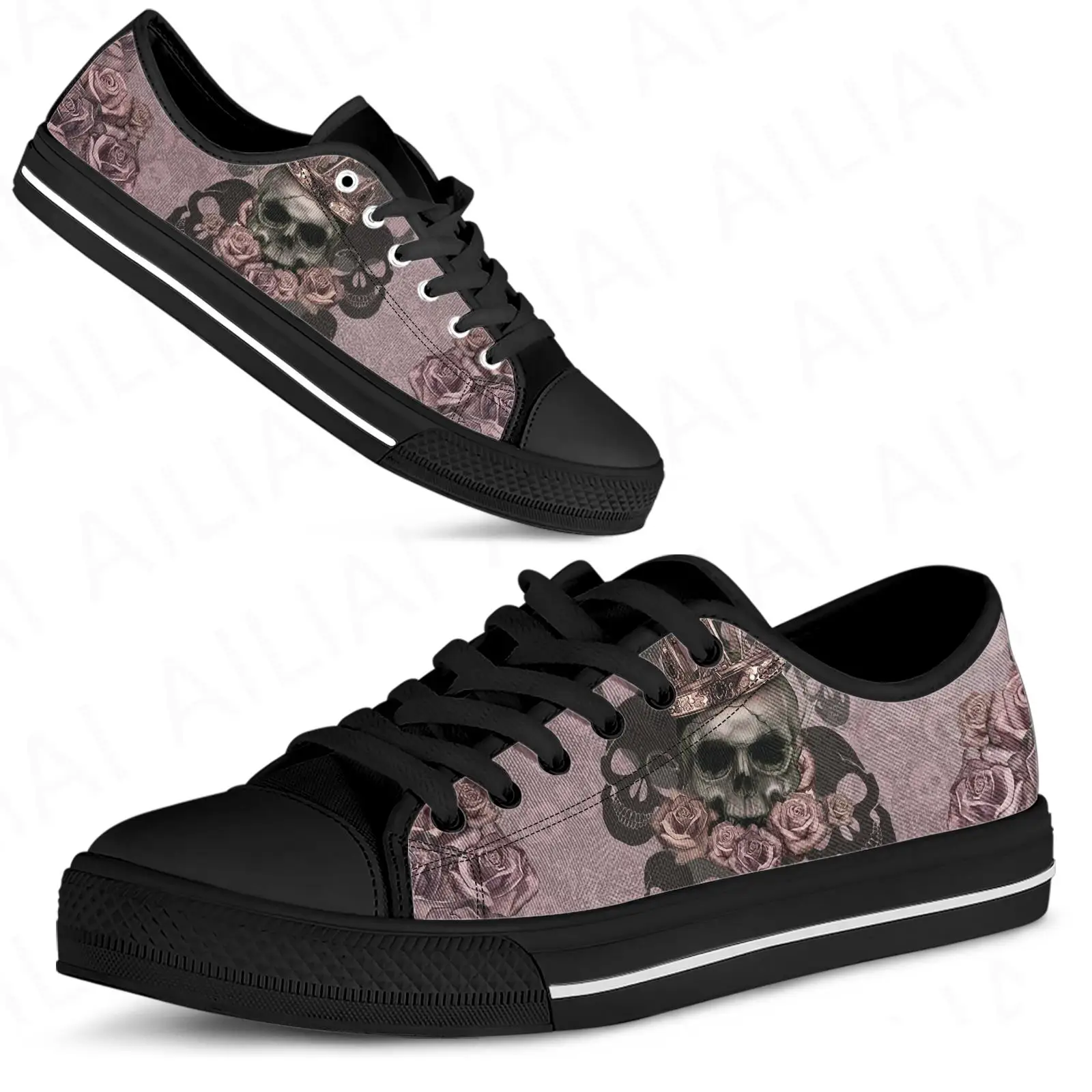 

ELVISWORDS Skull Queen 3D Pattern Light Low Top Shoes Canvas Vulcanized Shoes for Women Lace-up Spring Summer Sneakers Flats